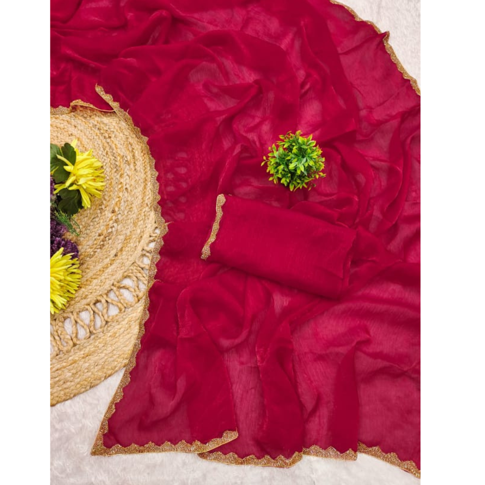 Women’s Premium Organza Saree with Zari Border & Unstitched BP (Pack of 1)