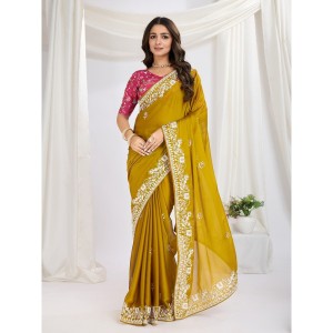 Womens Party Wear Silk Saree with Embroidery Work with Unstitched BP, Weeding Wear saree ( Pack of 1 )