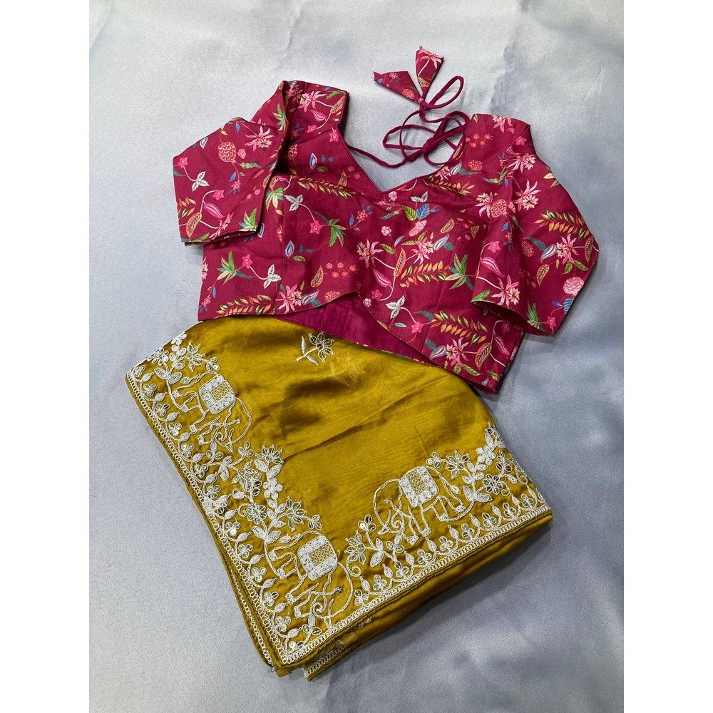 Womens Party Wear Silk Saree with Embroidery Work with Unstitched BP, Weeding Wear saree ( Pack of 1 )