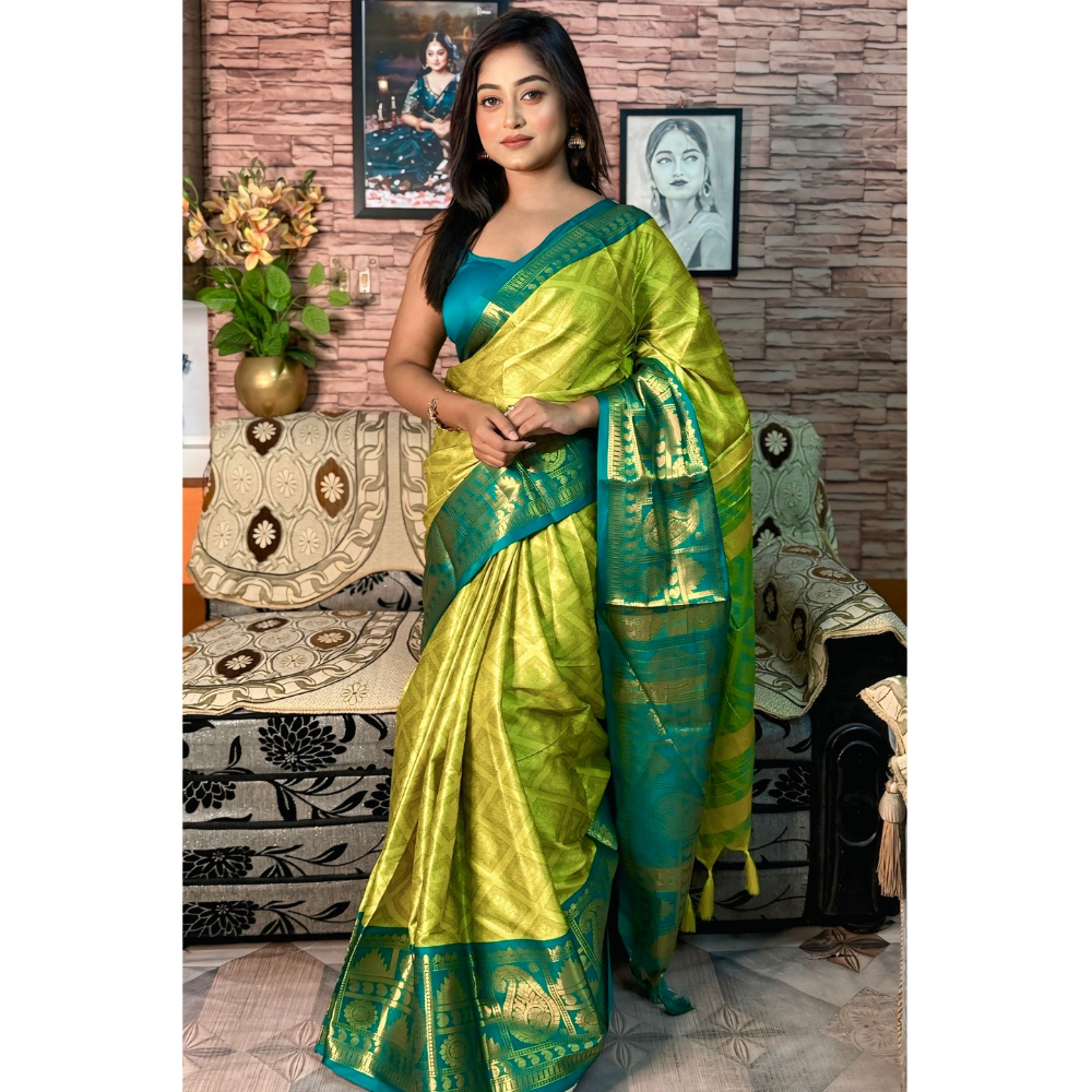 Women's Aura Cotton Blend Saree with Unstitched BP (Pack of 1)