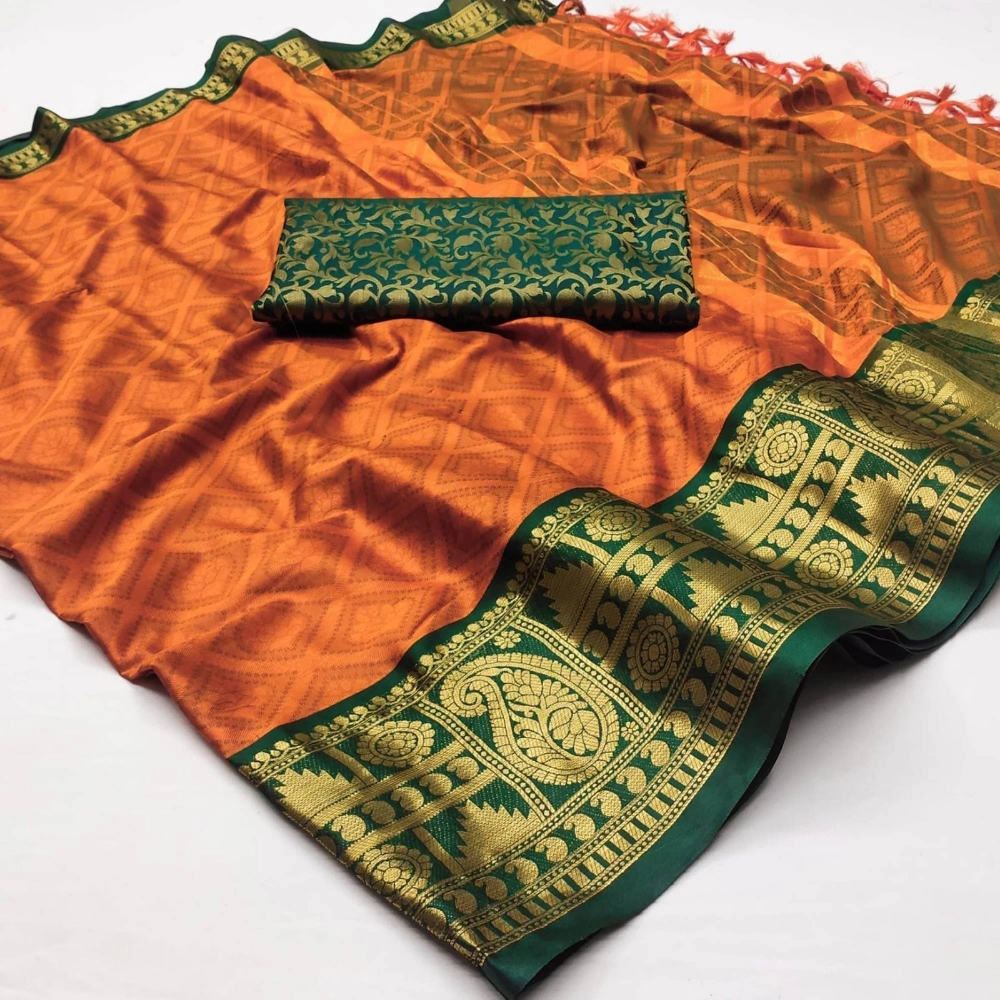 Women's Aura Cotton Blend Saree with Unstitched BP (Pack of 1)