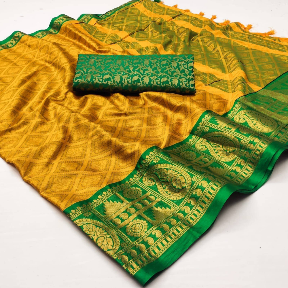 Women's Aura Cotton Blend Saree with Unstitched BP (Pack of 1)