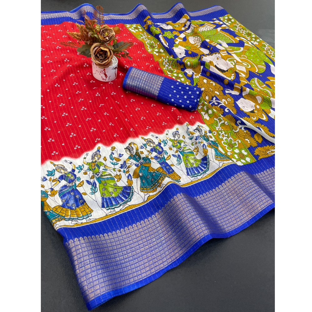 Women's Dola Doby Kalamkari Print Silk Saree with Unstitched BP (Pack of 1)