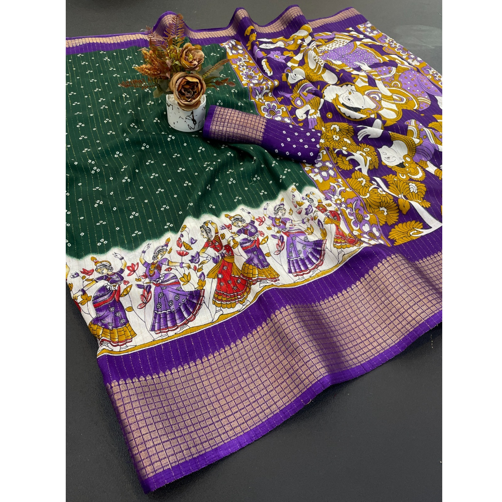 Women's Dola Doby Kalamkari Print Silk Saree with Unstitched BP (Pack of 1)