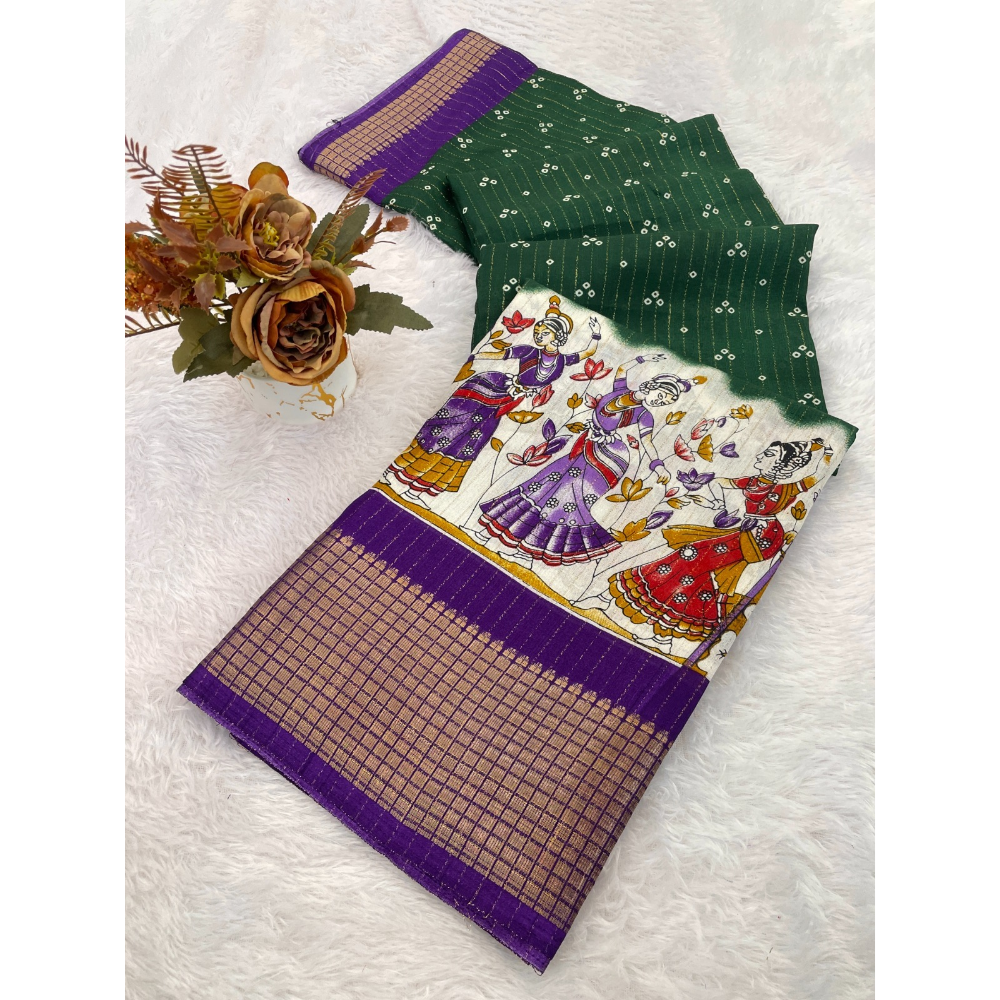 Women's Dola Doby Kalamkari Print Silk Saree with Unstitched BP (Pack of 1)