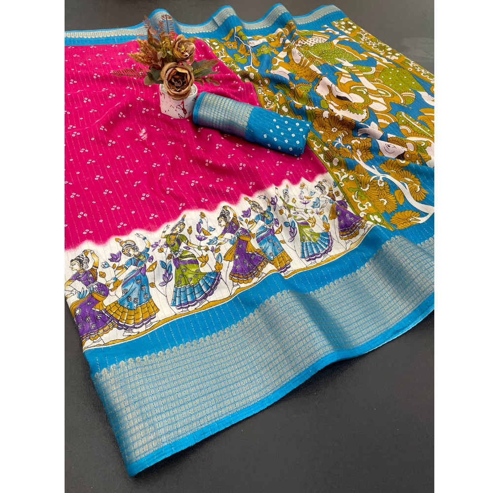 Women's Dola Doby Kalamkari Print Silk Saree with Unstitched BP (Pack of 1)