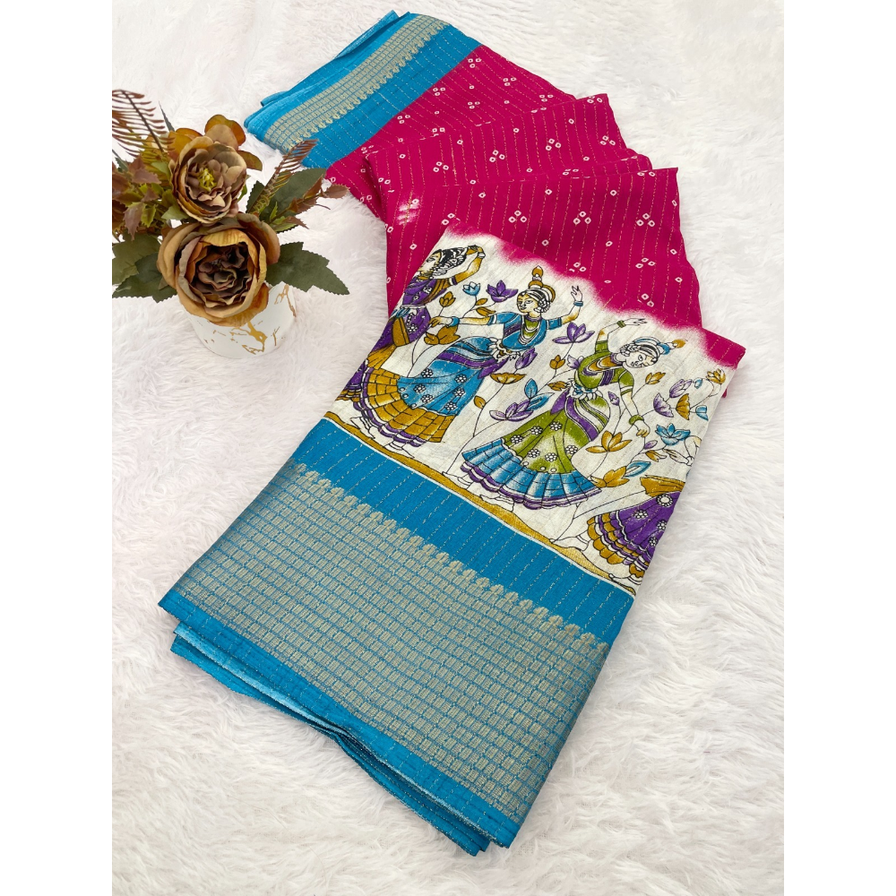 Women's Dola Doby Kalamkari Print Silk Saree with Unstitched BP (Pack of 1)