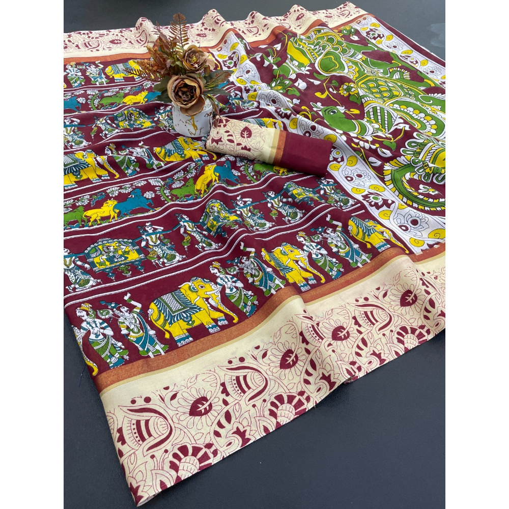 Mulmul Cotton Banarasi Pattu Saree with Unstitched BP for Women (Pack of 1)