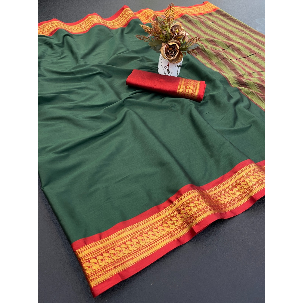 Women's Cotton Blend Aura Cotton Blend Chitt Pallu Saree with Unstitched BP (Pack of 1)