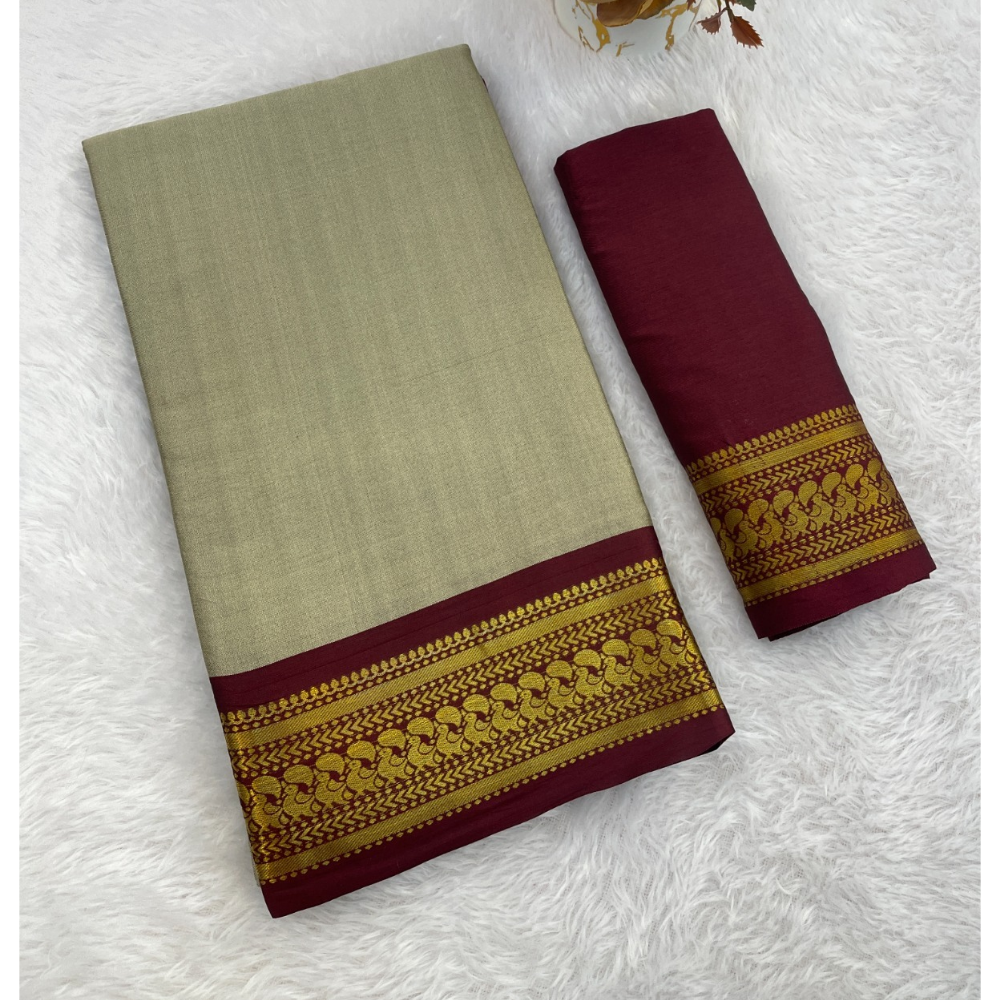 Women's Cotton Blend Aura Cotton Blend Chitt Pallu Saree with Unstitched BP (Pack of 1)