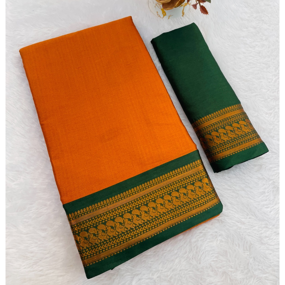 Women's Cotton Blend Aura Cotton Blend Chitt Pallu Saree with Unstitched BP (Pack of 1)