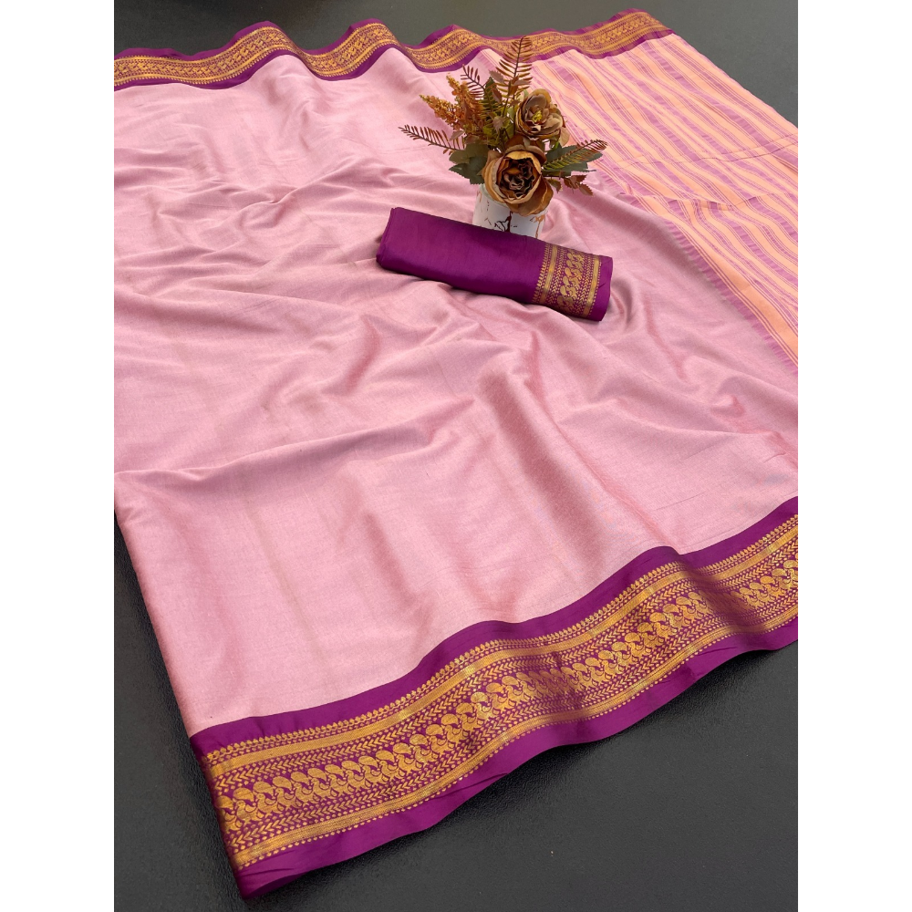 Women's Cotton Blend Aura Cotton Blend Chitt Pallu Saree with Unstitched BP (Pack of 1)