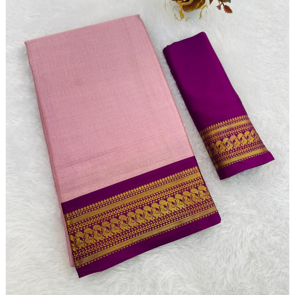 Women's Cotton Blend Aura Cotton Blend Chitt Pallu Saree with Unstitched BP (Pack of 1)