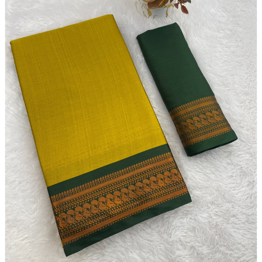 Women's Cotton Blend Aura Cotton Blend Chitt Pallu Saree with Unstitched BP (Pack of 1)