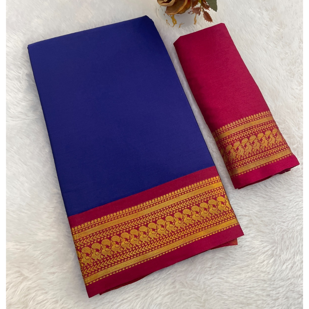 Women's Cotton Blend Aura Cotton Blend Chitt Pallu Saree with Unstitched BP (Pack of 1)