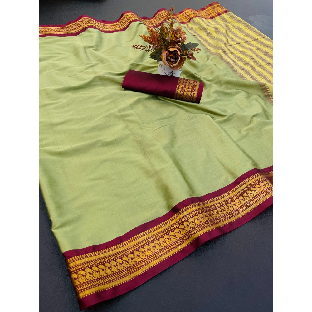 Women's Cotton Blend Aura Cotton Blend Chitt Pallu Saree with Unstitched BP (Pack of 1)