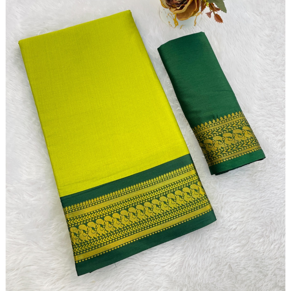 Women's Cotton Blend Aura Cotton Blend Chitt Pallu Saree with Unstitched BP (Pack of 1)