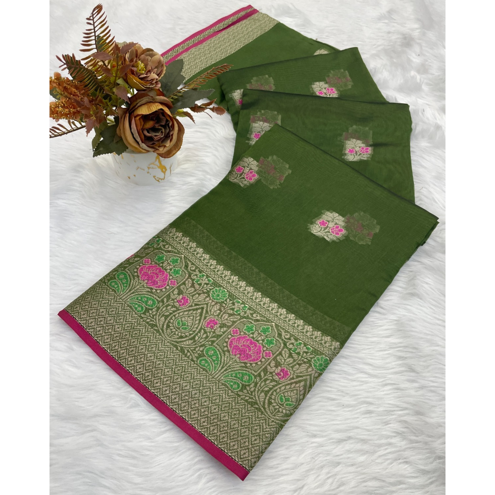 Women's Organza Designer Border Mina Butti Saree with Unstitched BP (Pack of 1)