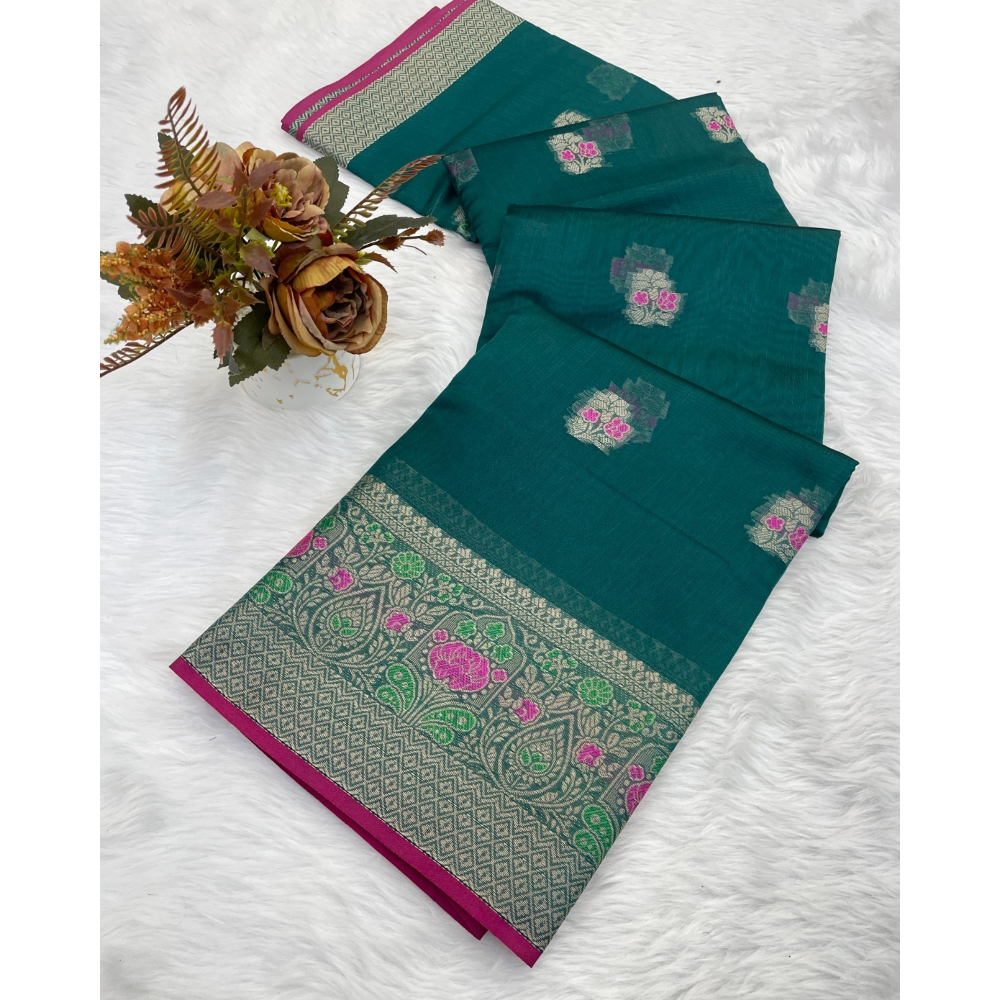 Women's Organza Designer Border Mina Butti Saree with Unstitched BP (Pack of 1)