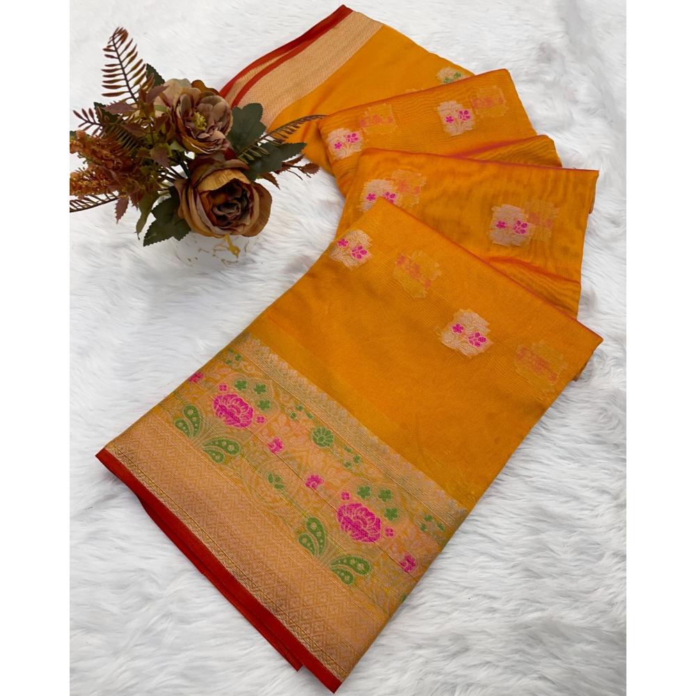 Women's Organza Designer Border Mina Butti Saree with Unstitched BP (Pack of 1)