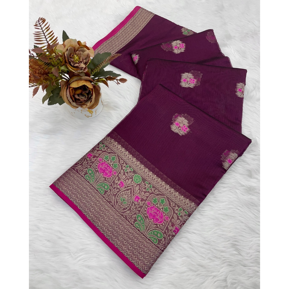 Women's Organza Designer Border Mina Butti Saree with Unstitched BP (Pack of 1)