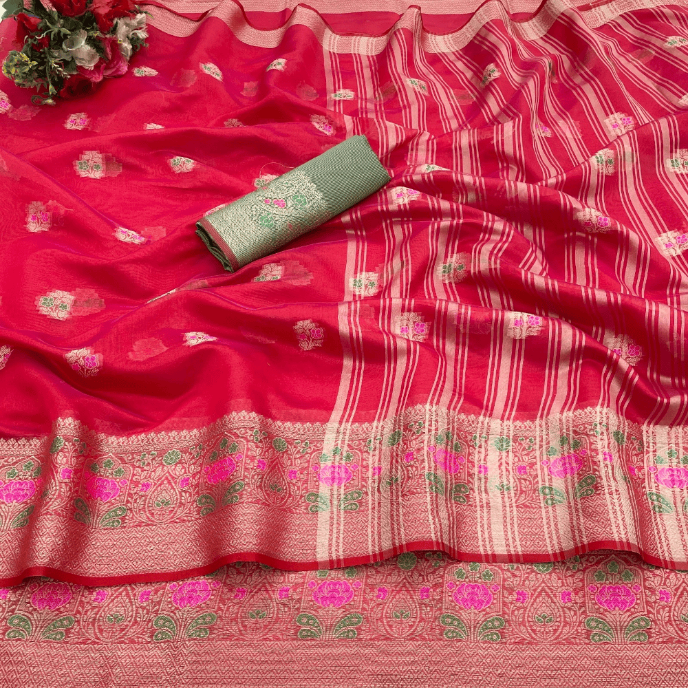 Women's Organza Designer Border Mina Butti Saree with Unstitched BP (Pack of 1)