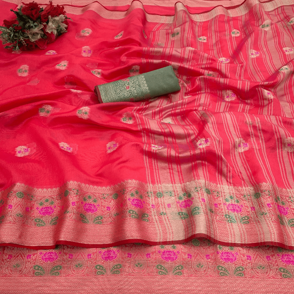 Women's Organza Designer Border Mina Butti Saree with Unstitched BP (Pack of 1)