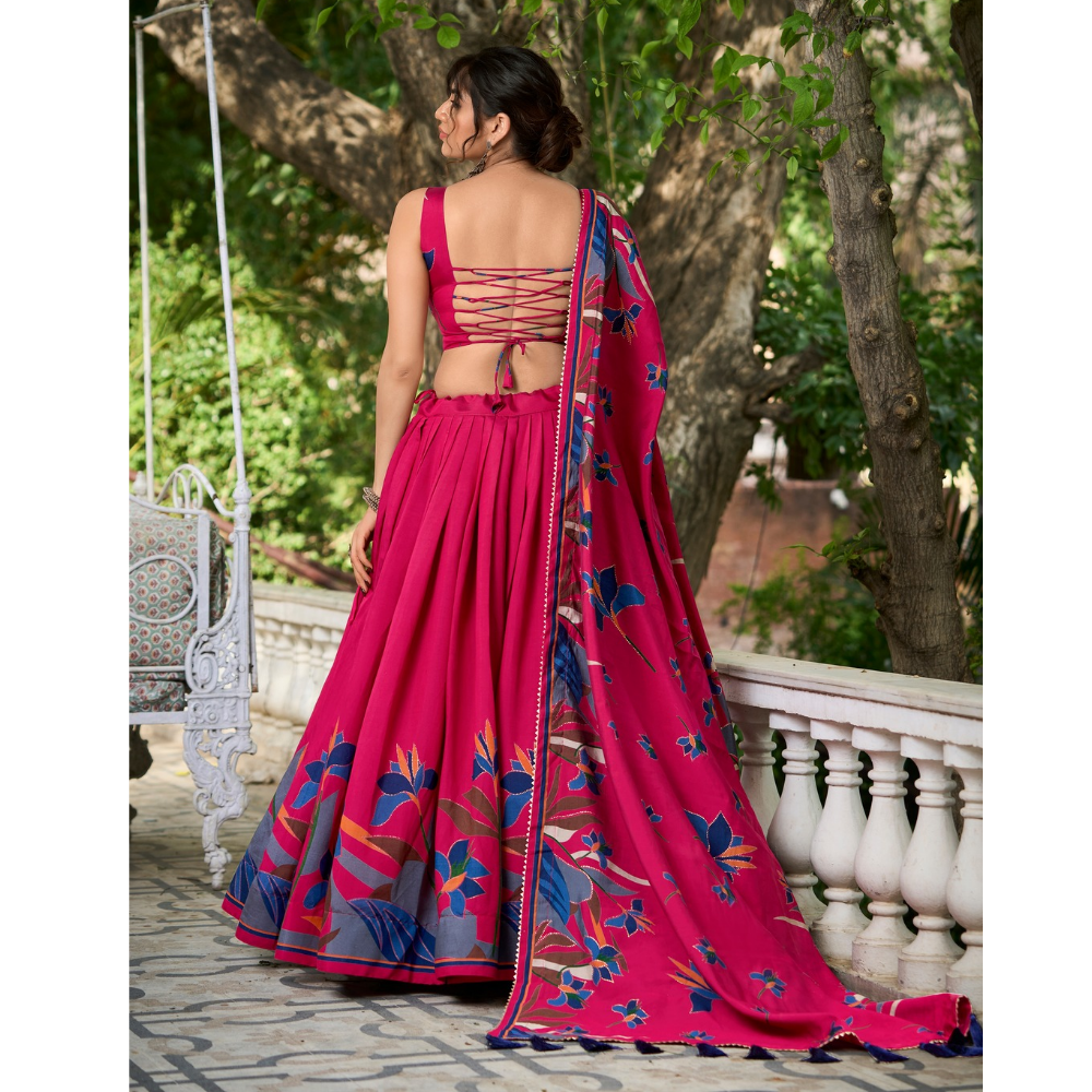 Tusser Silk Lehenga Choli with Intricate Print and Dupatta  Set (Pack of 1)