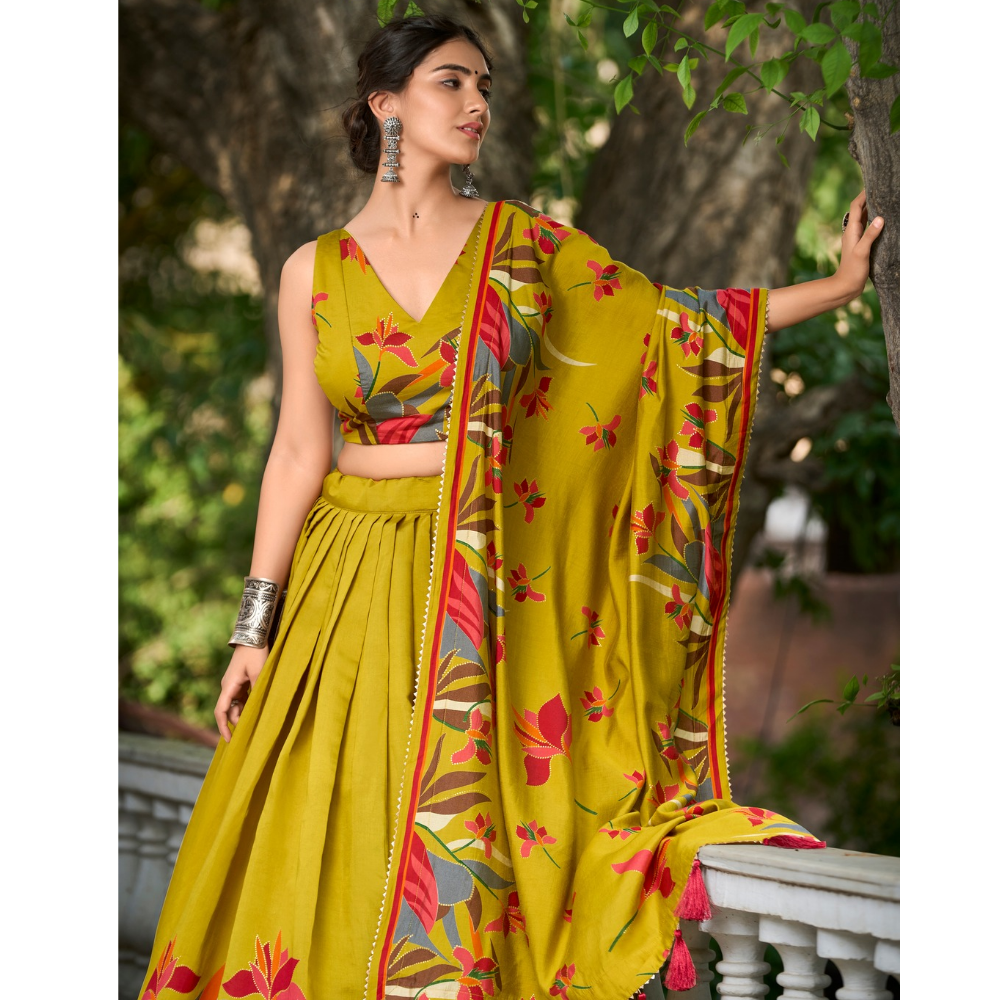 Tusser Silk Lehenga Choli with Intricate Print and Dupatta  Set (Pack of 1)