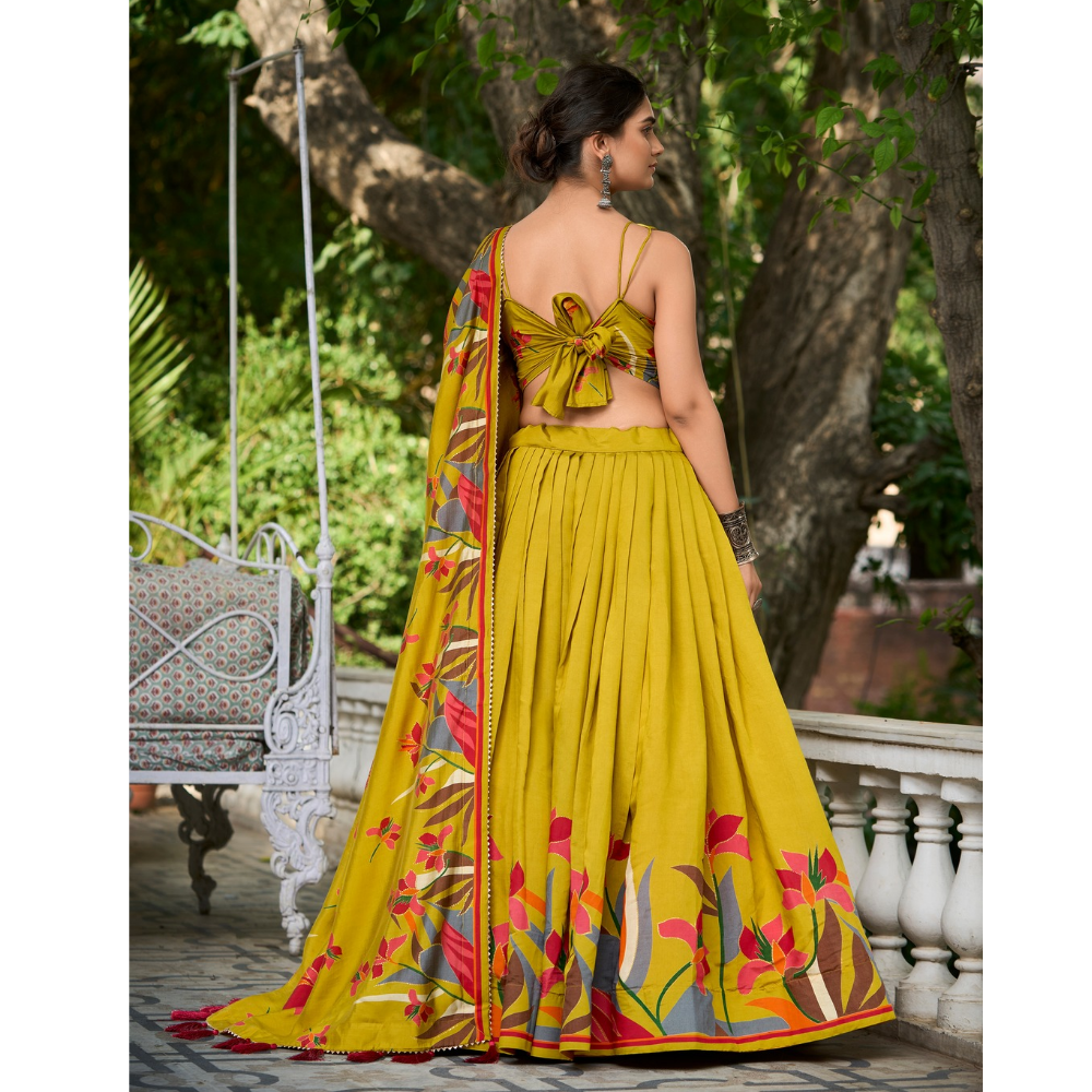 Tusser Silk Lehenga Choli with Intricate Print and Dupatta  Set (Pack of 1)