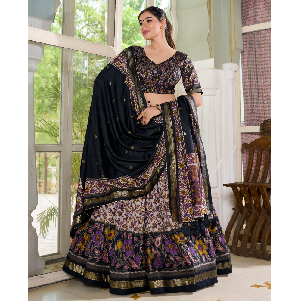 Premium Tusser Silk Lehenga Choli with Floral Print and Dupatta  Set (Pack of 1)