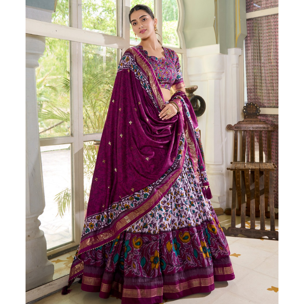 Premium Tusser Silk Lehenga Choli with Floral Print and Dupatta  Set (Pack of 1)