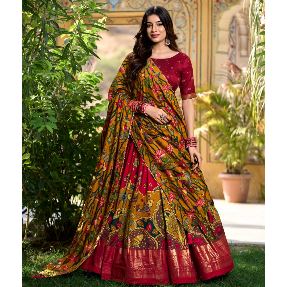 Tussar Silk Kalamkari Print Lehenga Choli Featuring a Sophisticated Foil Work Border for Women (Pack of 1)