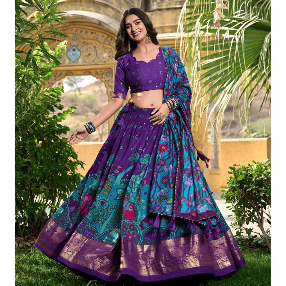 Tussar Silk Kalamkari Print Lehenga Choli Featuring a Sophisticated Foil Work Border for Women (Pack of 1)