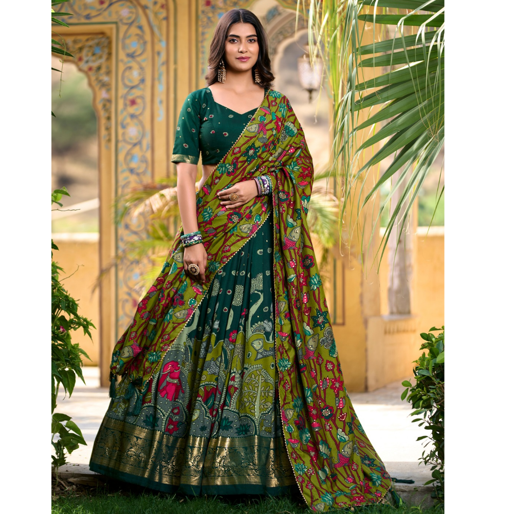 Tussar Silk Kalamkari Print Lehenga Choli Featuring a Sophisticated Foil Work Border for Women (Pack of 1)