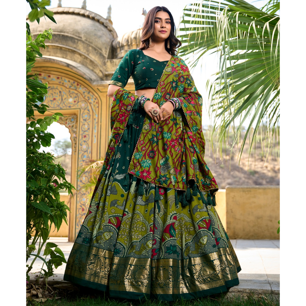 Tussar Silk Kalamkari Print Lehenga Choli Featuring a Sophisticated Foil Work Border for Women (Pack of 1)