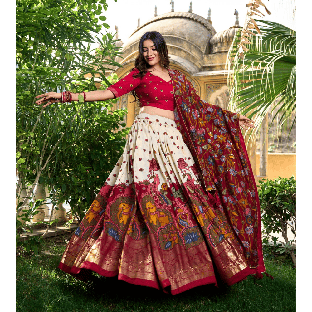 Tussar Silk Kalamkari Print Lehenga Choli Featuring a Sophisticated Foil Work Border for Women (Pack of 1)