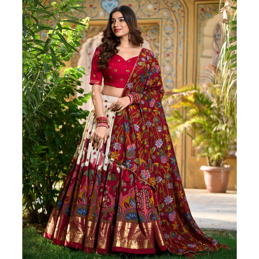 Tussar Silk Kalamkari Print Lehenga Choli Featuring a Sophisticated Foil Work Border for Women (Pack of 1)