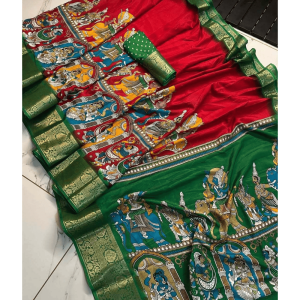 Women's Fancy Printed Dola Silk Saree with Unstitched BP (Pack of 1)