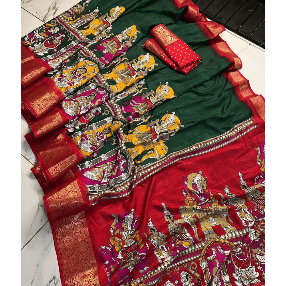 Women's Fancy Printed Dola Silk Saree with Unstitched BP (Pack of 1)