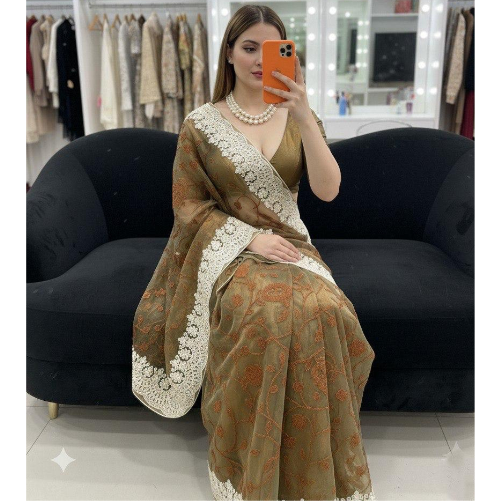 Women's Twill Net Dual Tone Saree with Unstitched BP (Pack of 1)