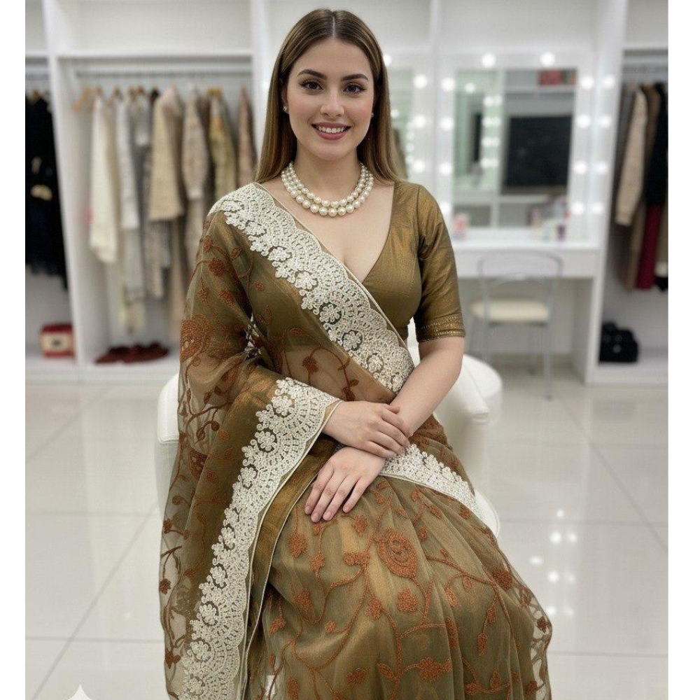 Women's Twill Net Dual Tone Saree with Unstitched BP (Pack of 1)