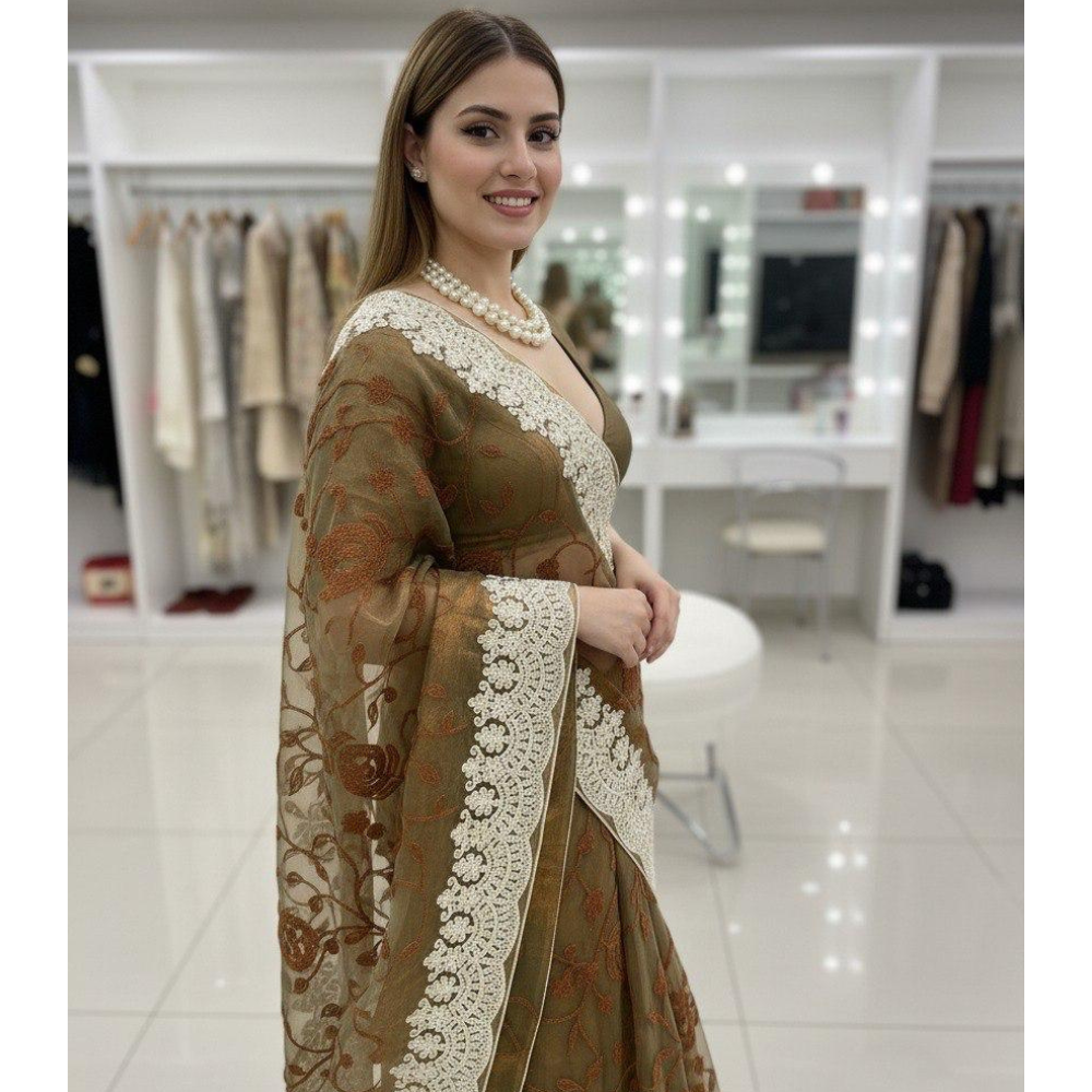 Women's Twill Net Dual Tone Saree with Unstitched BP (Pack of 1)