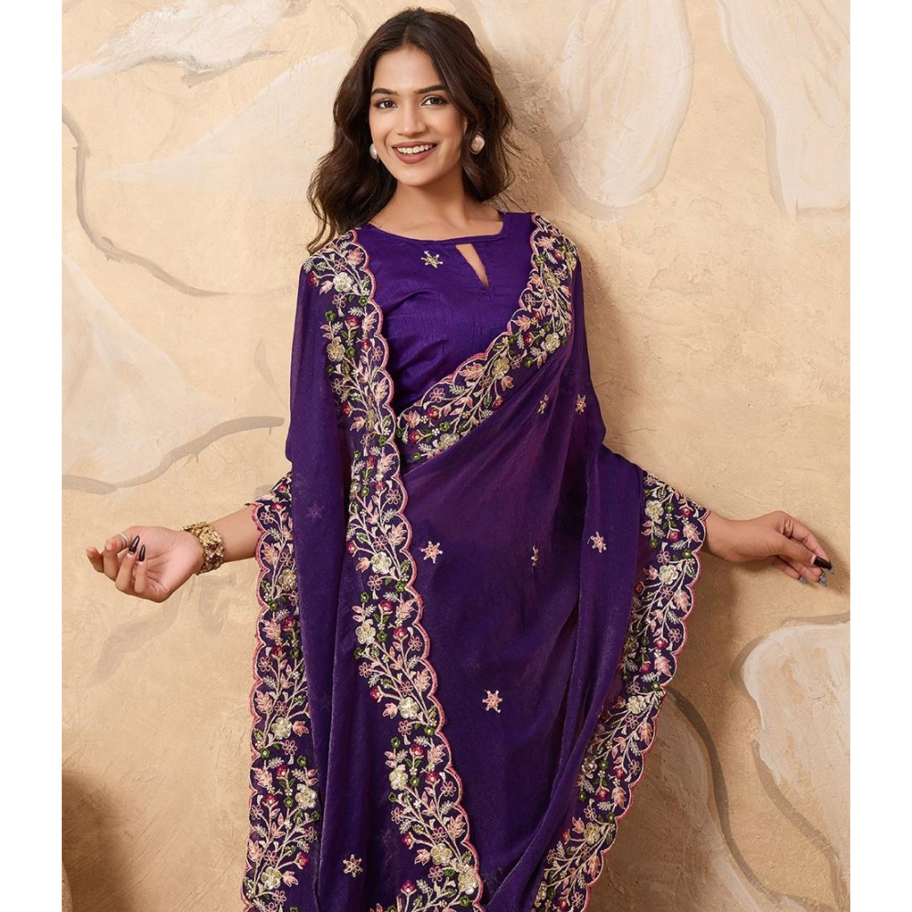 Party Wear Soft Fendy Chiffon Saree With Unstitched BP (Pack of 1)