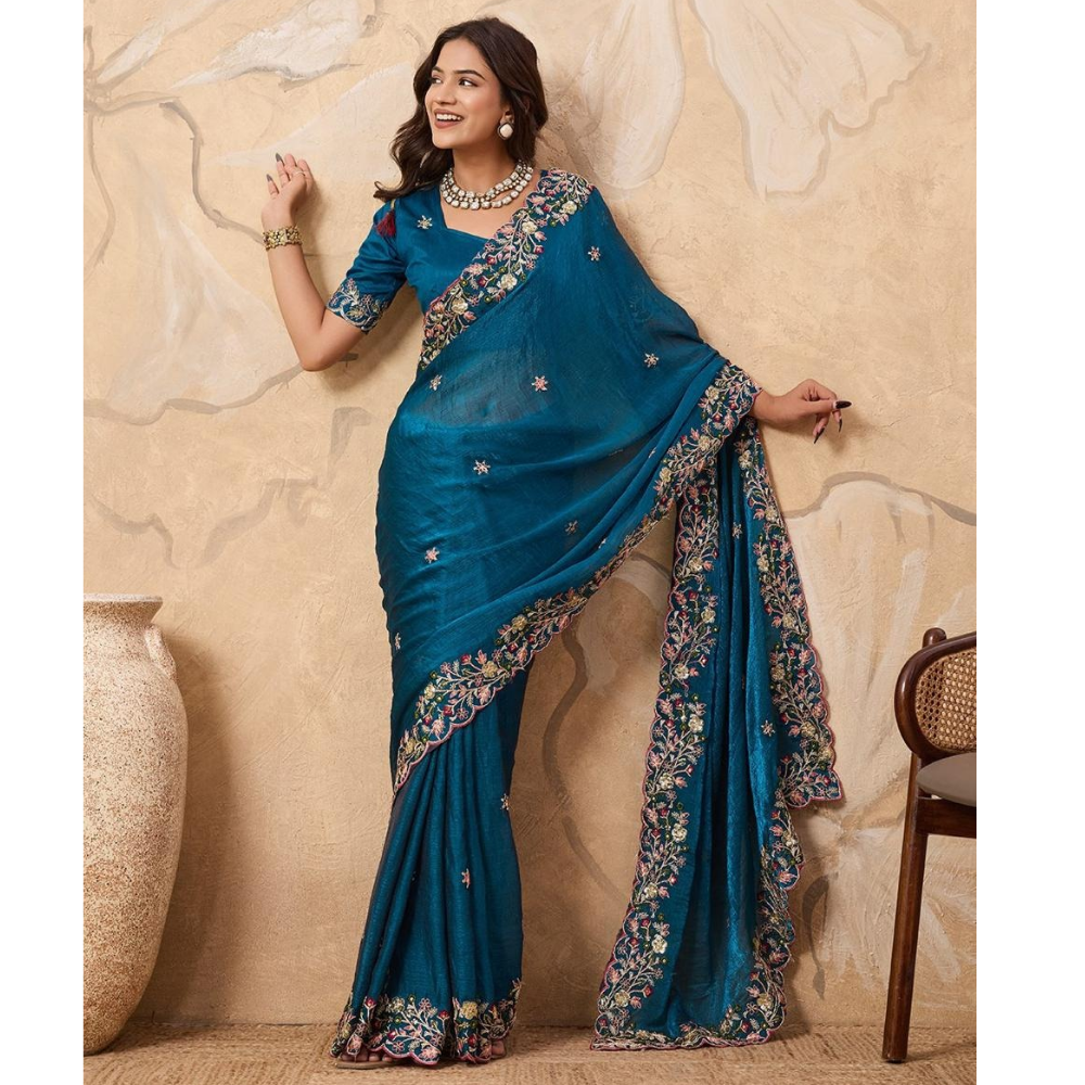 Party Wear Soft Fendy Chiffon Saree With Unstitched BP (Pack of 1)