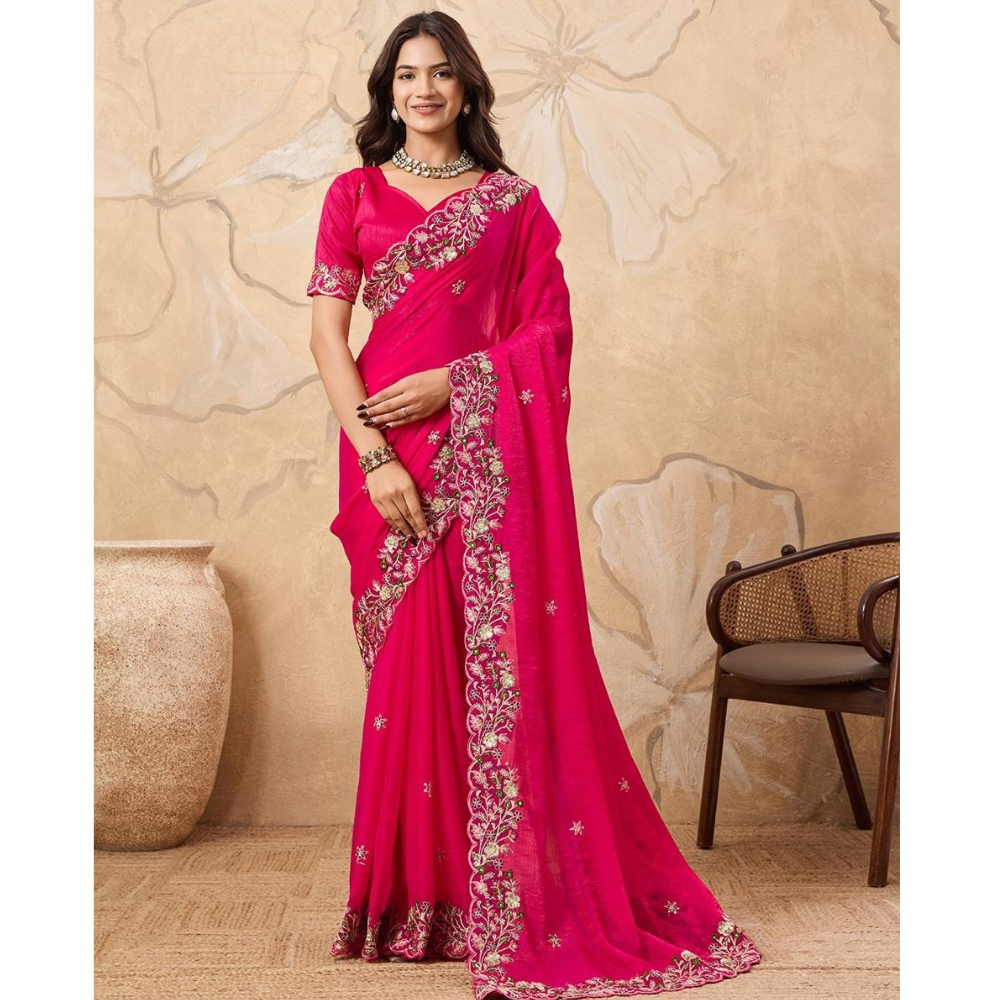 Party Wear Soft Fendy Chiffon Saree With Unstitched BP (Pack of 1)