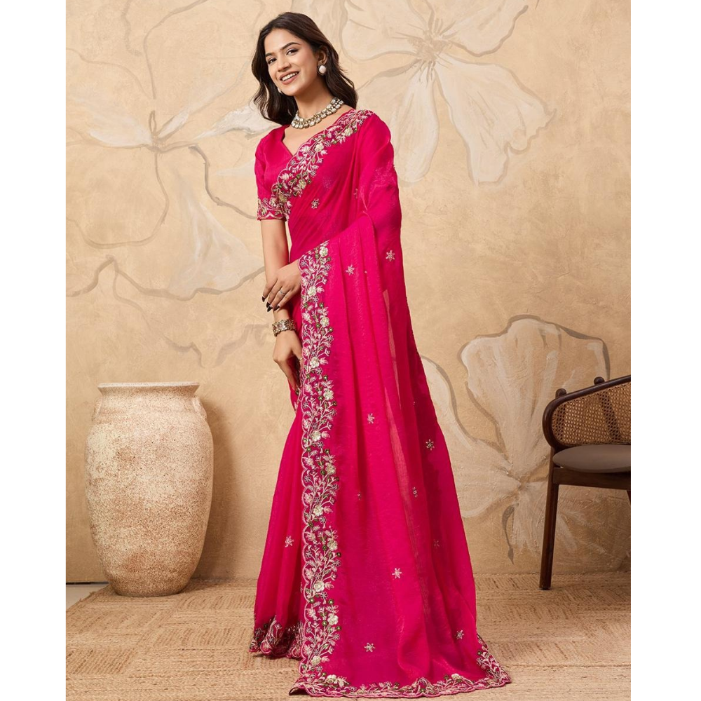 Party Wear Soft Fendy Chiffon Saree With Unstitched BP (Pack of 1)