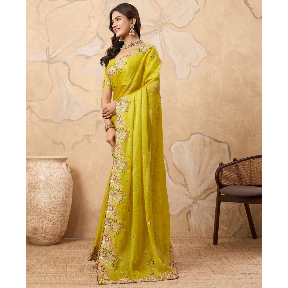 Party Wear Soft Fendy Chiffon Silk Saree with Unstitched BP (Pack of 1)