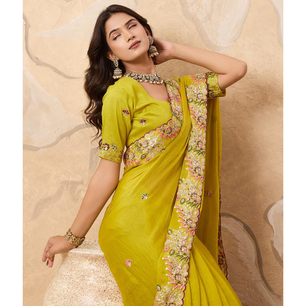 Party Wear Soft Fendy Chiffon Silk Saree with Unstitched BP (Pack of 1)