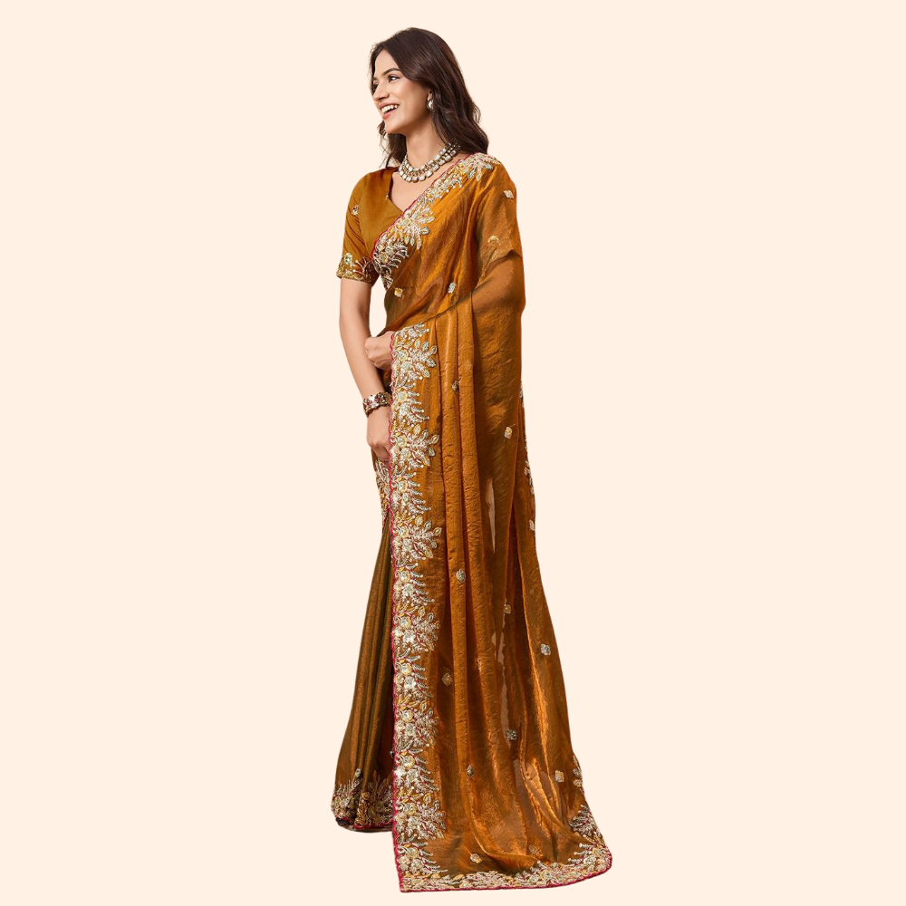 Party Wear Soft Fendy Chiffon Silk Saree with Unstitched BP (Pack of 1)